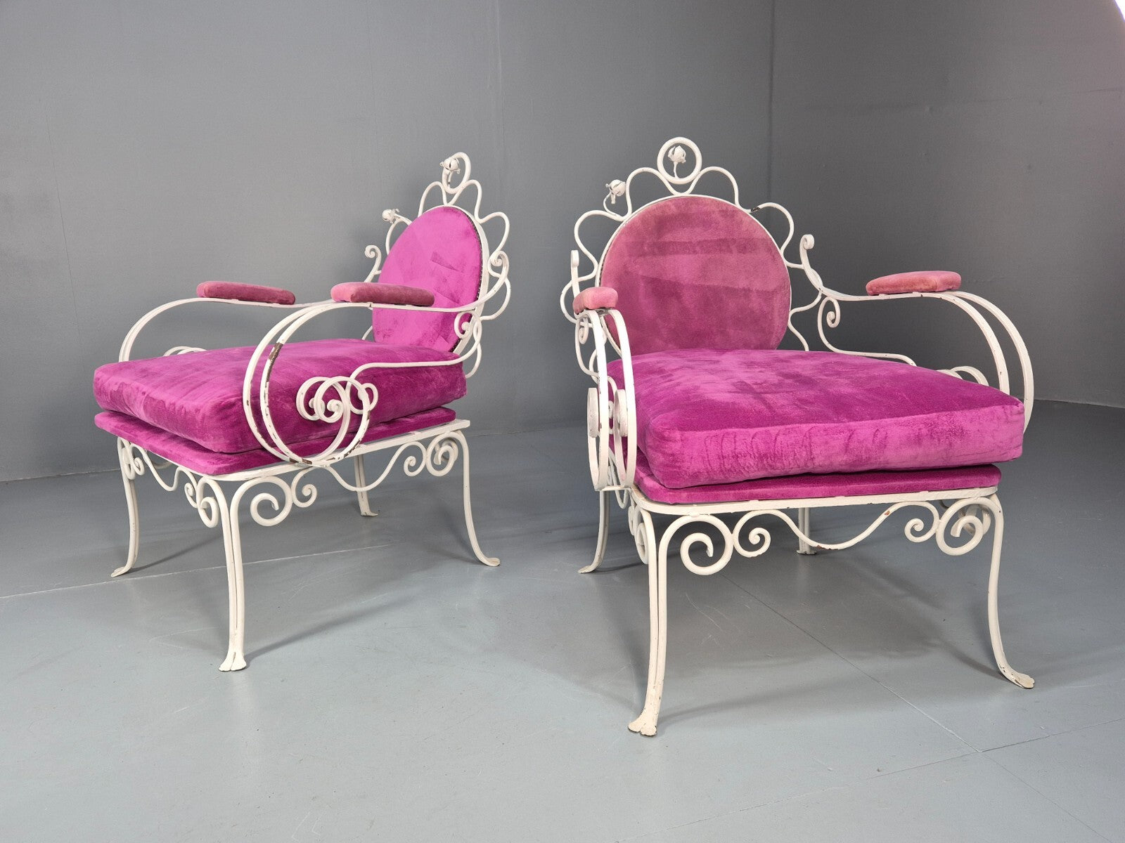 2 Vintage Pink Velvet and Wrought Iron 1950s Chairs French Orangery EB9677 VCLO - UKDK FURNITURE