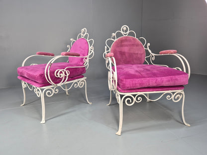 2 Vintage Pink Velvet and Wrought Iron 1950s Chairs French Orangery EB9677 VCLO - UKDK FURNITURE