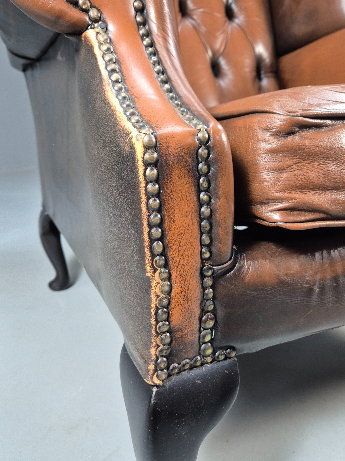 Vintage Leather Wingback Queen Anne Chair Brown 1980s Retro EB9543 VLEA - UKDK FURNITURE