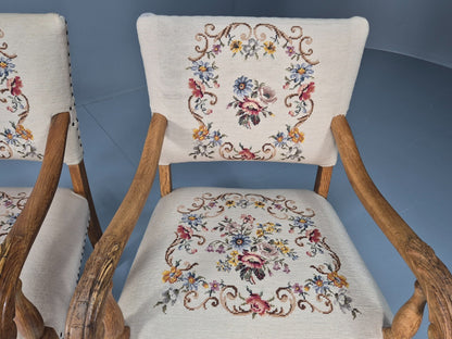 2 Baroque Elbow Chairs Oak Frame Vintage Denmark Floral Upholstery EB10727 VCAR5
