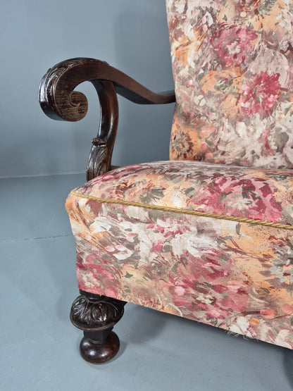 Vintage Carved Oak Chair Floral Fabric 1940s Traditional Curved EB10752 VCAR2