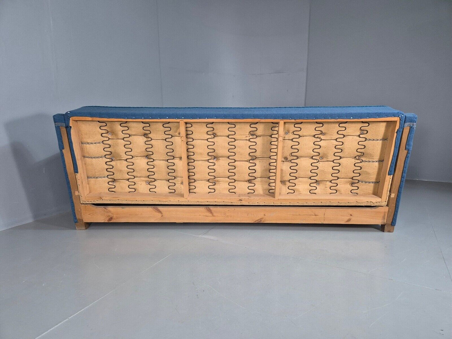 Vintage Danish Sofa Bed Blue Wool Teak Arms 1960s Retro MCM EB7259 M3SS - UKDK FURNITURE