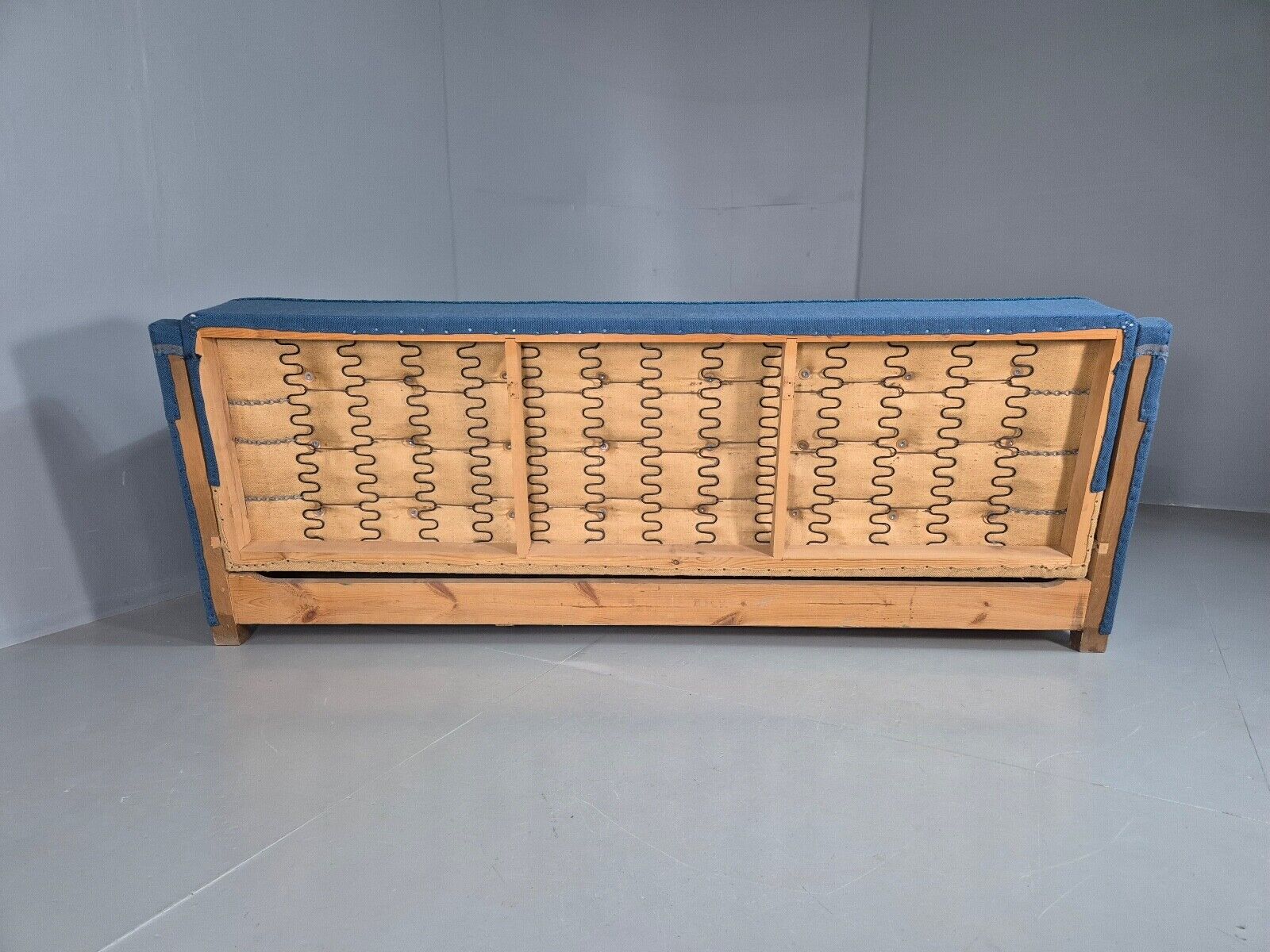 Vintage Danish Sofa Bed Blue Wool Teak Arms 1960s Retro MCM EB7259 M3SS - UKDK FURNITURE