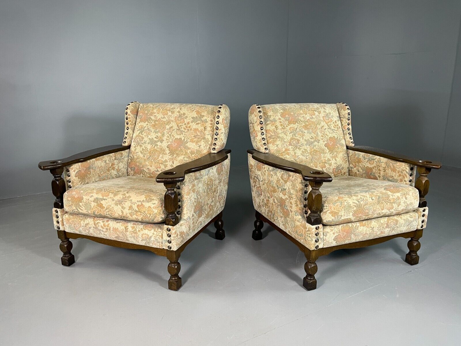 2 Vintage Danish Lounge Chairs Floral Cotton Oak Frame Retro EB6690 MNOR - UKDK FURNITURE