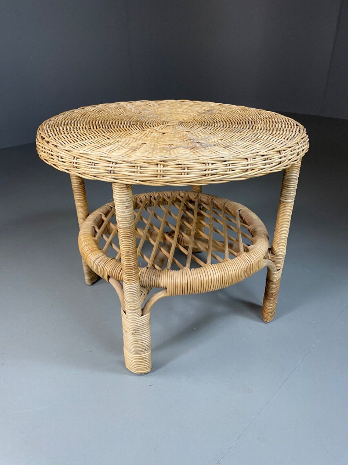 EB5299 Wicker 2 tier Circular Side/ Lamp Table, Retro, Vintage VWOO - UKDK FURNITURE