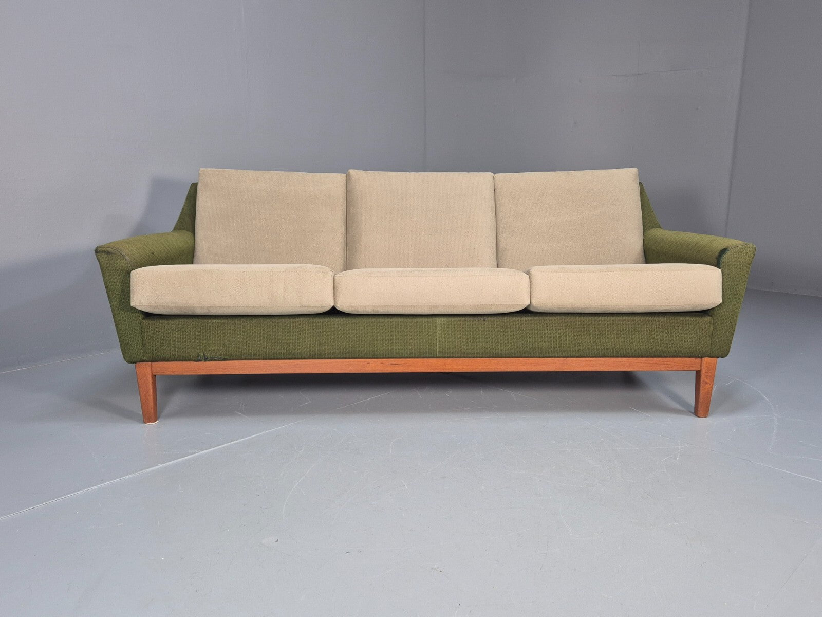 Mid Century 3 Seater Sofa Green Cream Fabric Teak Vintage Scandi EB9794 M3SS - UKDK FURNITURE