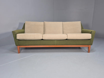 Mid Century 3 Seater Sofa Green Cream Fabric Teak Vintage Scandi EB9794 M3SS - UKDK FURNITURE