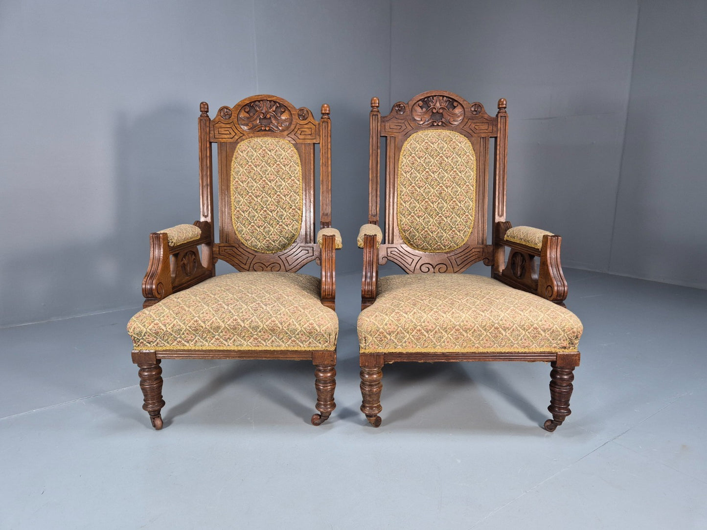 2 Edwardian Carved Oak Lounge Chairs Embroidery Upholstery 1900s EB10690 VCAR4