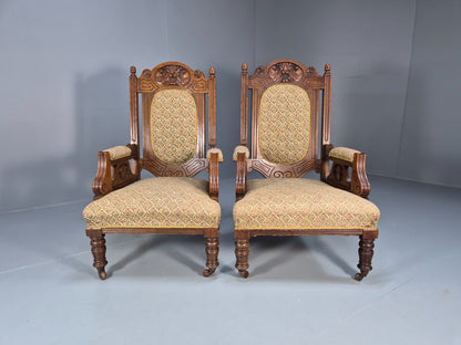 2 Edwardian Carved Oak Lounge Chairs Embroidery Upholstery 1900s EB10690 VCAR4