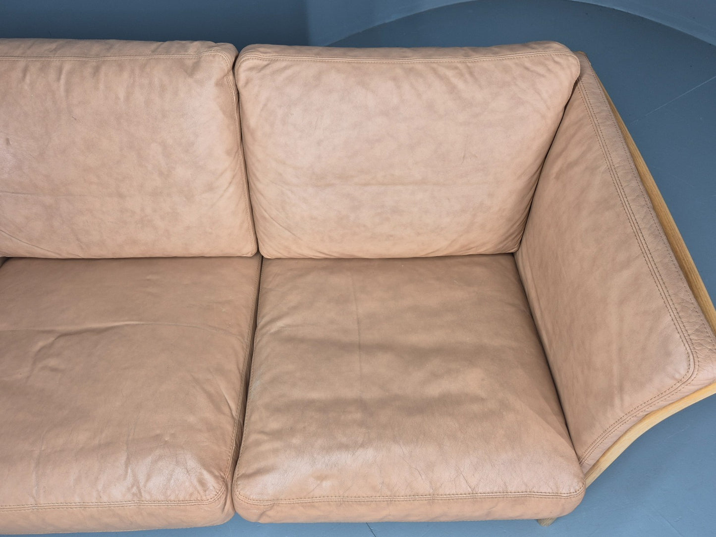 Vintage 3 Seater Sofa Danish Light Tan Leather Beech Skalma  Retro EB11914 M3SS9