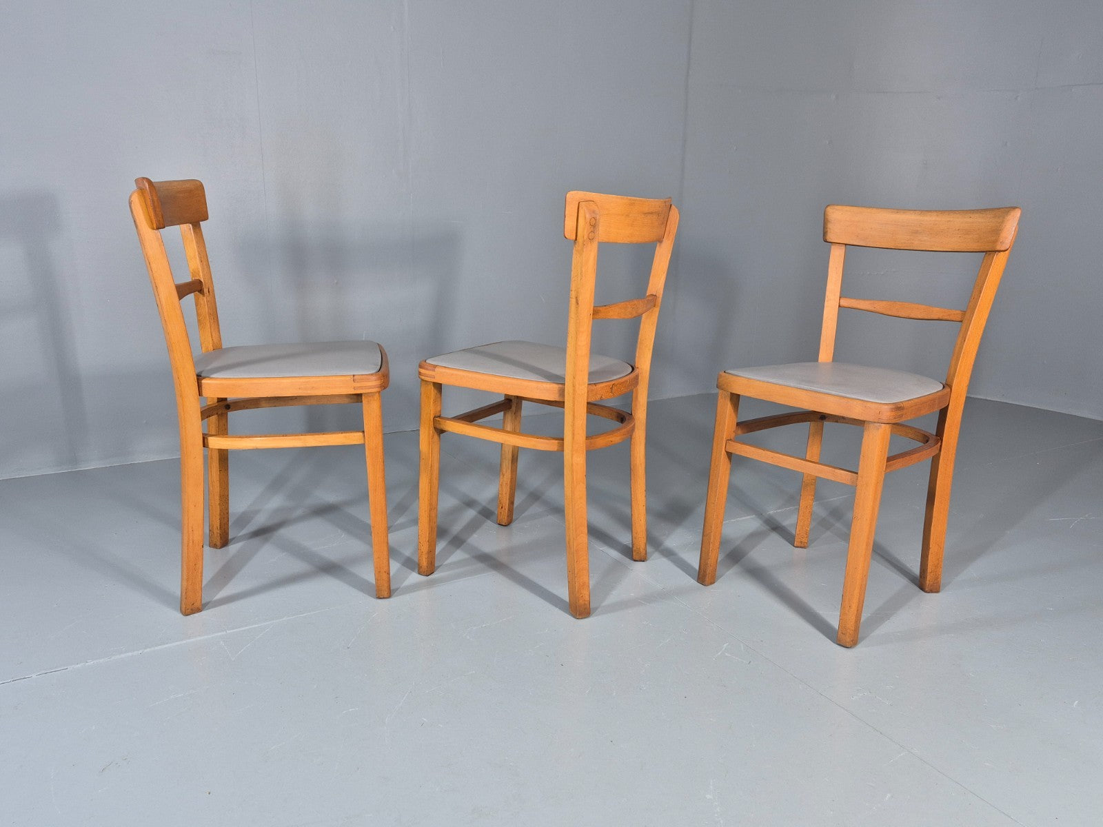 3 1960s Kitchen Chairs Beech Frame Grey Vinyl Seats Retro EB11475 MDIN14