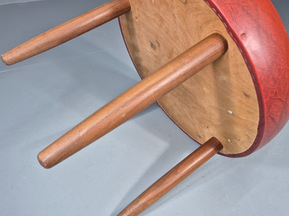 Mid Century Circular Footstool Red Vinyl Teak Legs 1960s Danish EB10882 MFOO8