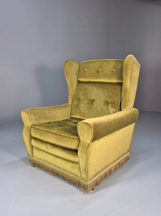 Vintage Danish Green Wing Back Lounge Chair 1970s Retro Tassels EB9576 VCLO - UKDK FURNITURE