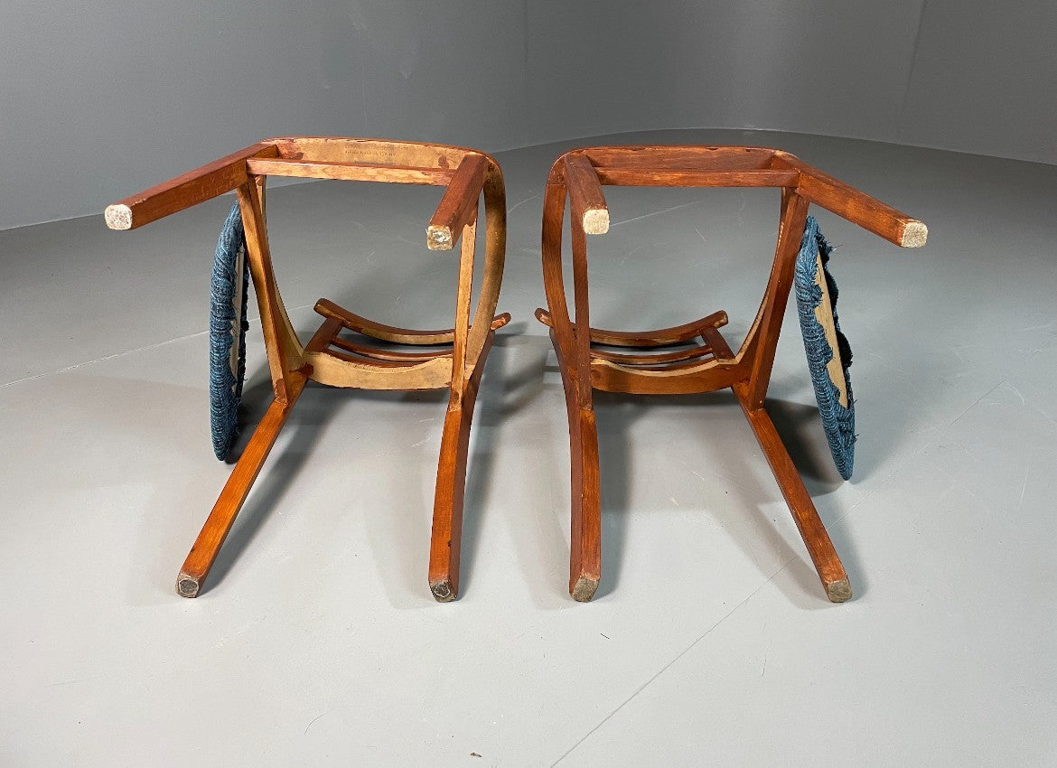 2 Kitchen Chairs Beech Frame Blue Chenille Upholstery 1960s Retro EB6326 MDIN8