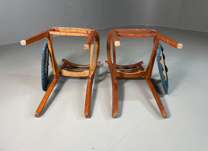 2 Kitchen Chairs Beech Frame Blue Chenille Upholstery 1960s Retro EB6326 MDIN8