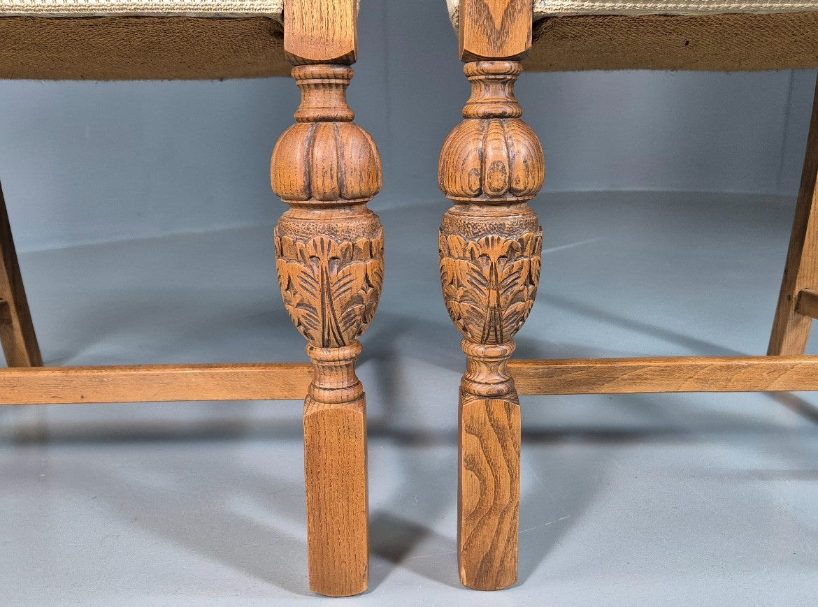 2 Antique Hall Chairs in Oak Frame and Floral Upholstery EB7362 VCAR3