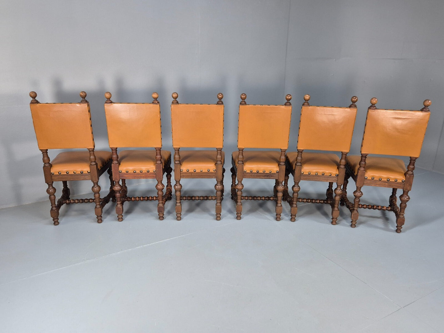 6 Vintage Danish Baroque Style Dining Chairs Oak and Tan Leather EB9649 VDIN - UKDK FURNITURE
