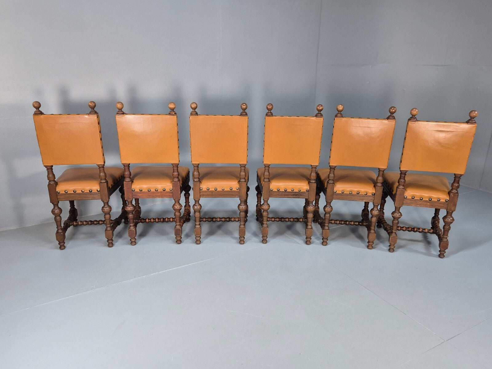 6 Vintage Danish Baroque Style Dining Chairs Oak and Tan Leather EB9649 VDIN - UKDK FURNITURE