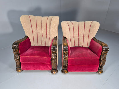 Art Deco Style Armchairs Pair Carved Oak Figures Creme Red Velour EB9586 VCAR - UKDK FURNITURE