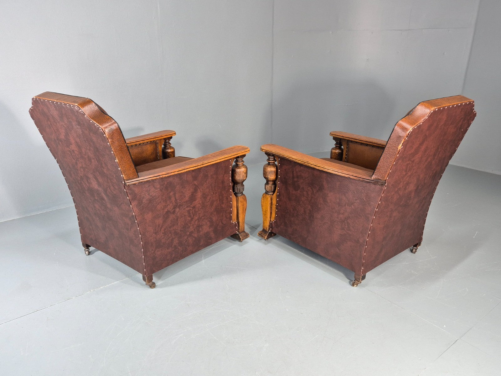 2 Edwardian Lounge Chairs Baroque Oak Frame Rexine and Velour EB11264 VLEA16