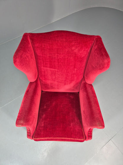 Wing Back Lounge Chair Red Velour Danish 1960s Georgian Style EB10754 VCLO21