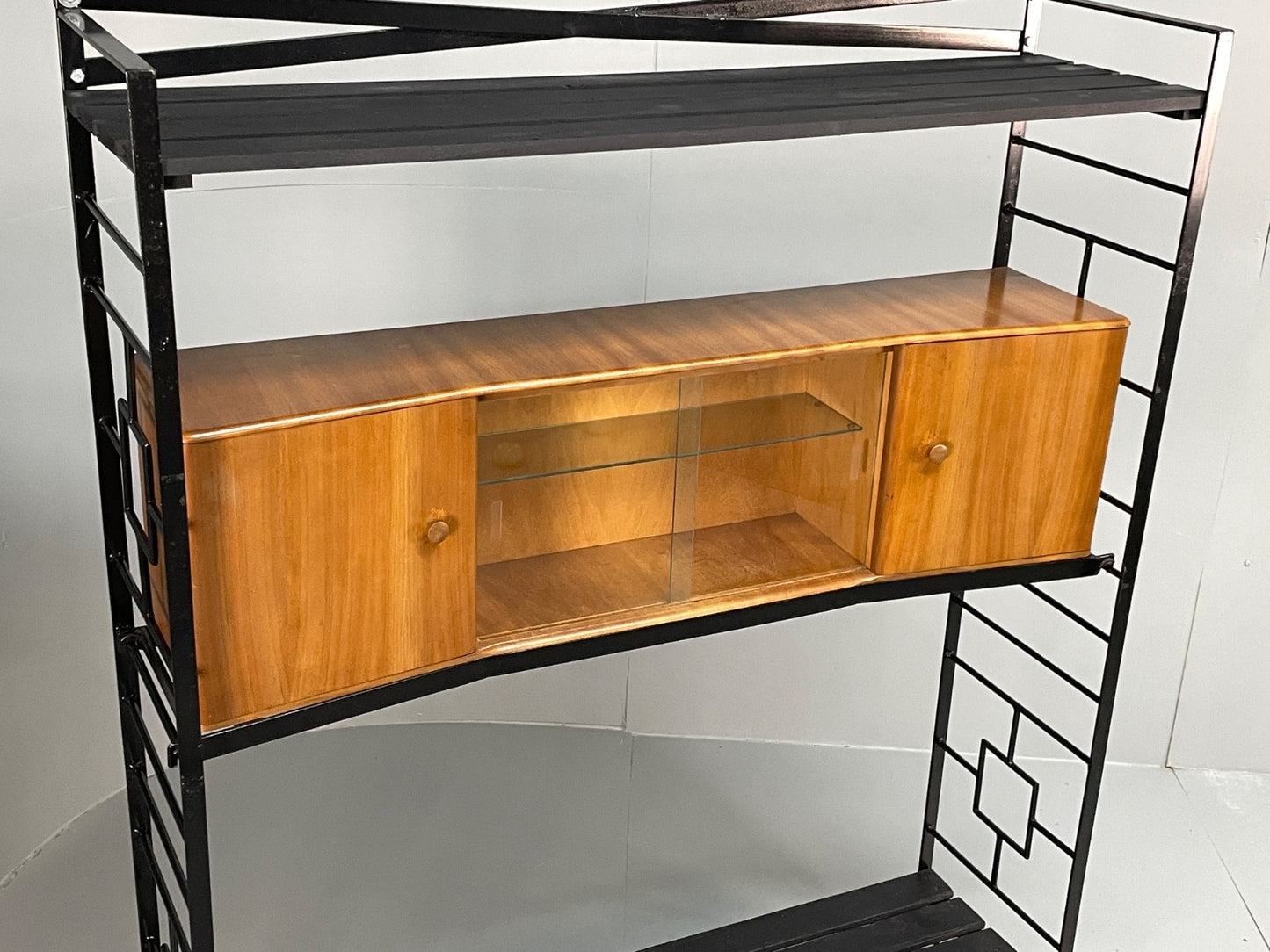 Vintage Modular Shelving Unit Walnut Cabinet Ladderax Style Black EB11043 MWOO1