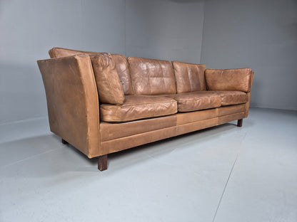 Mid Century 3 Seater Leather Sofa Danish Tan Leather  1970s Retro EB10102 M3SS0