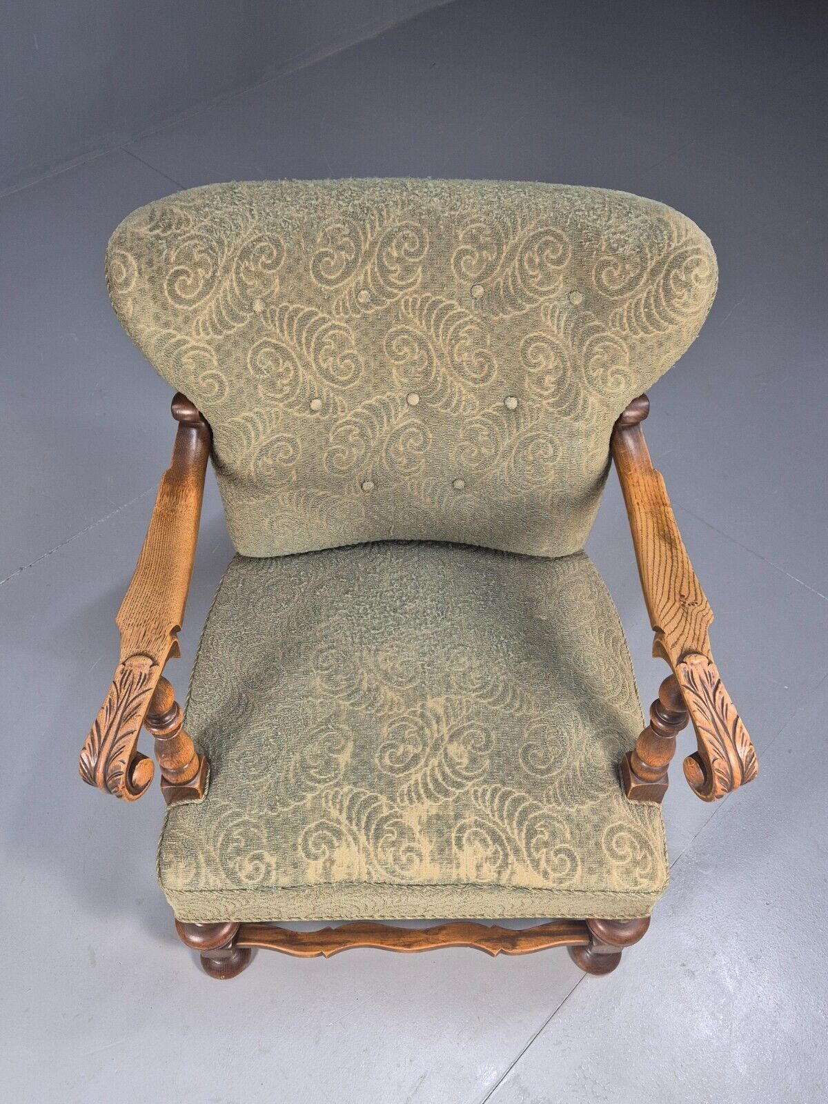 Vintage Danish Lounge Chair Green Moquette Carved Oak Frame 1940s EB8998 VCLO - UKDK FURNITURE
