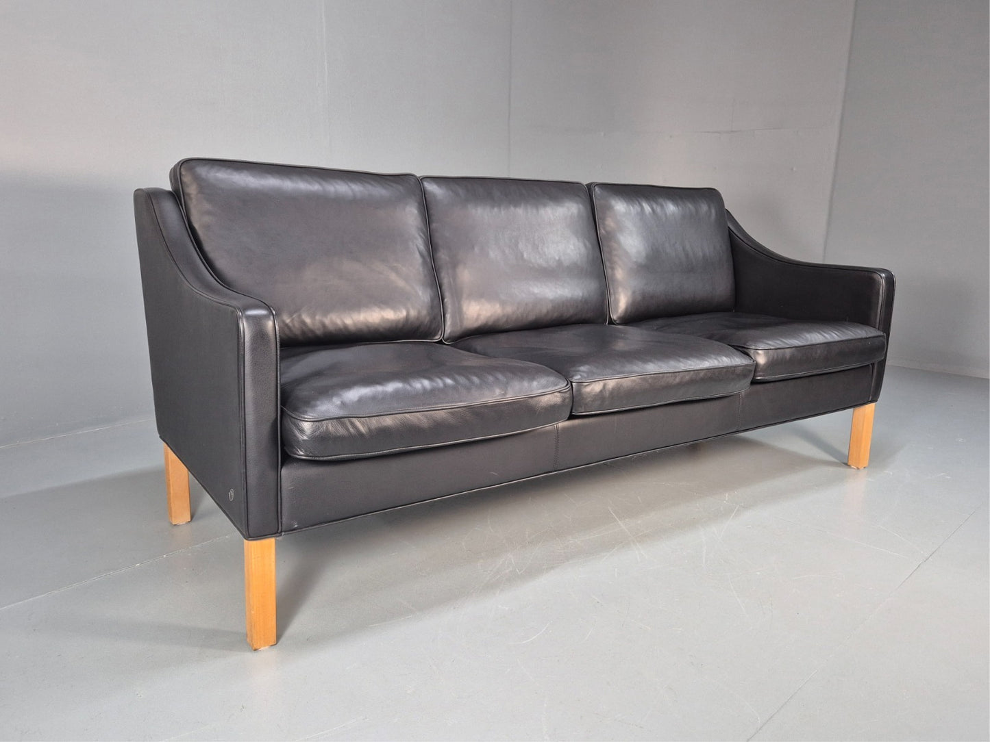 Vintage Hurup Danish 3 Seat Black Leather Sofa Mogensen 1980s Retro EB9966 M3SS0