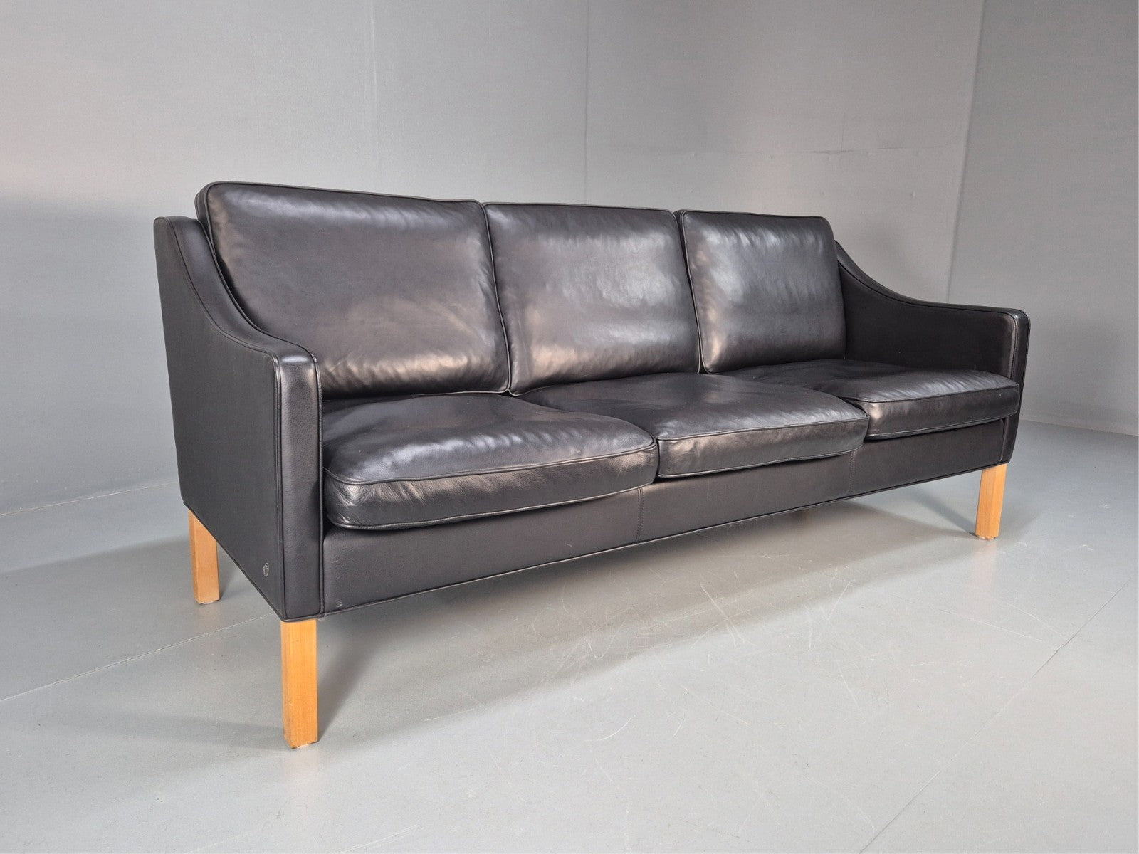 Vintage Hurup Danish 3 Seat Black Leather Sofa Mogensen 1980s Retro EB9966 M3SS0