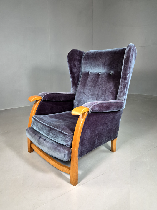 Vintage Lounge Wingback Chair Blue Velour Beech Frame 1950 Retro MCM EB7108 VCLO - UKDK FURNITURE