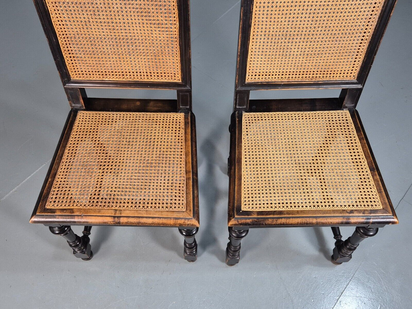 2 Vintage Dining Chairs Bergere Ebonised Aesthetic Movement Antique EB7975 VBER - UKDK FURNITURE