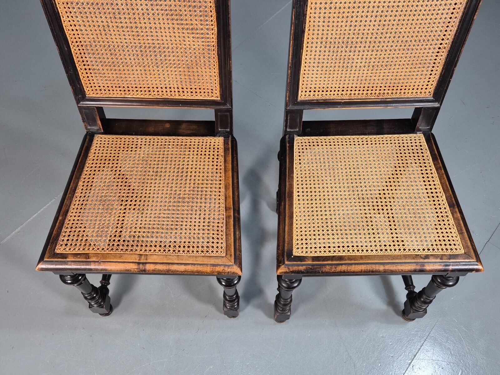 2 Vintage Dining Chairs Bergere Ebonised Aesthetic Movement Antique EB7975 VBER - UKDK FURNITURE