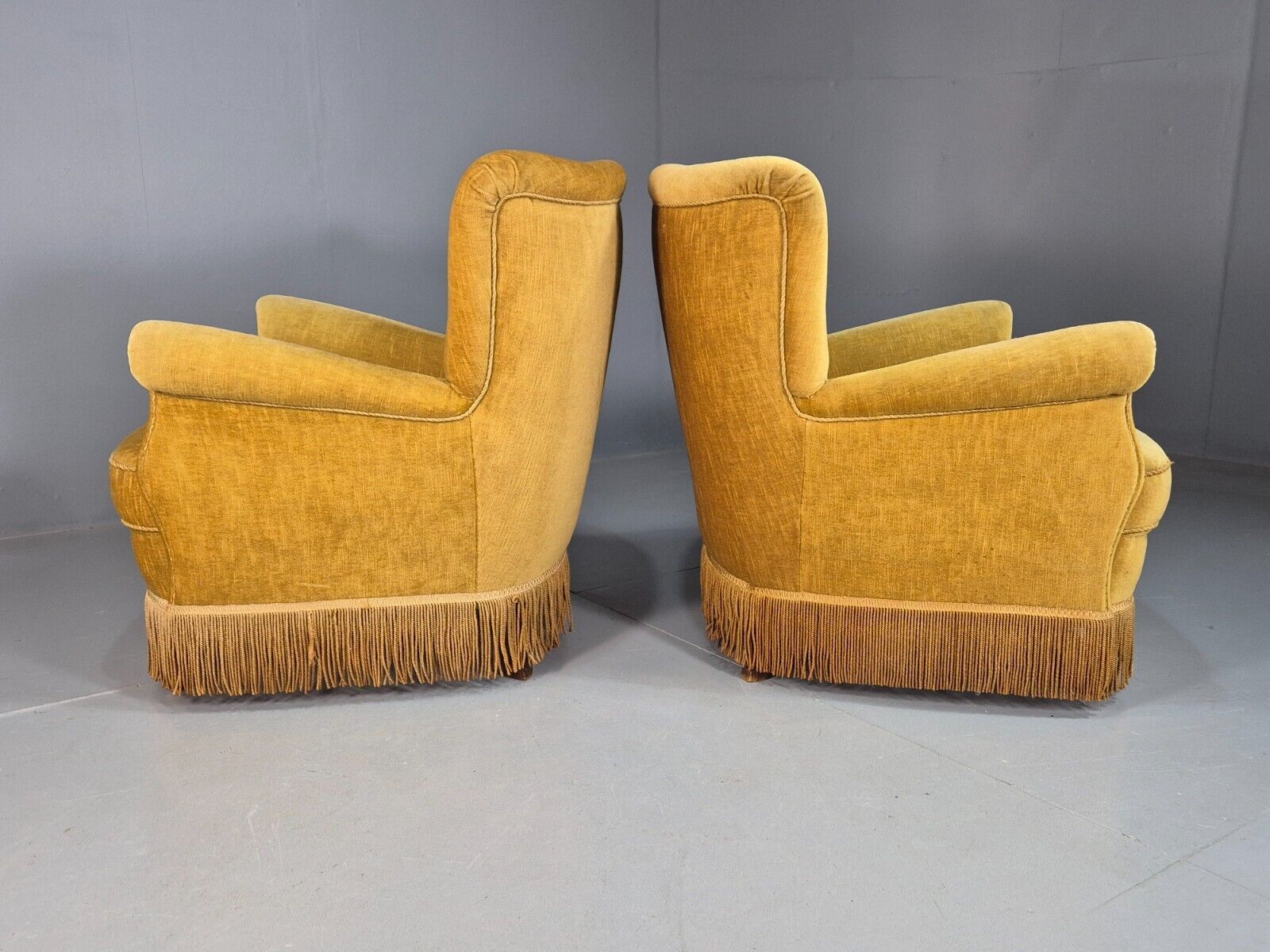 Pair Of Vintage Danish Gold Velour Armchairs Tassels Art Deco Style EB8068 VCLO - UKDK FURNITURE