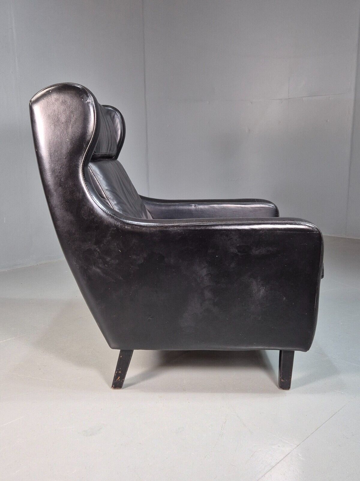 Vintage Danish Lounge Chair Black Leather Wingback 1970s Retro MCM EB8237 MNOR - UKDK FURNITURE