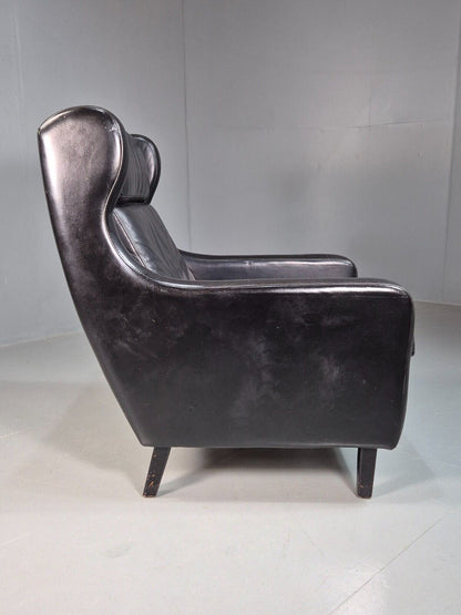 Vintage Danish Lounge Chair Black Leather Wingback 1970s Retro MCM EB8237 MNOR - UKDK FURNITURE