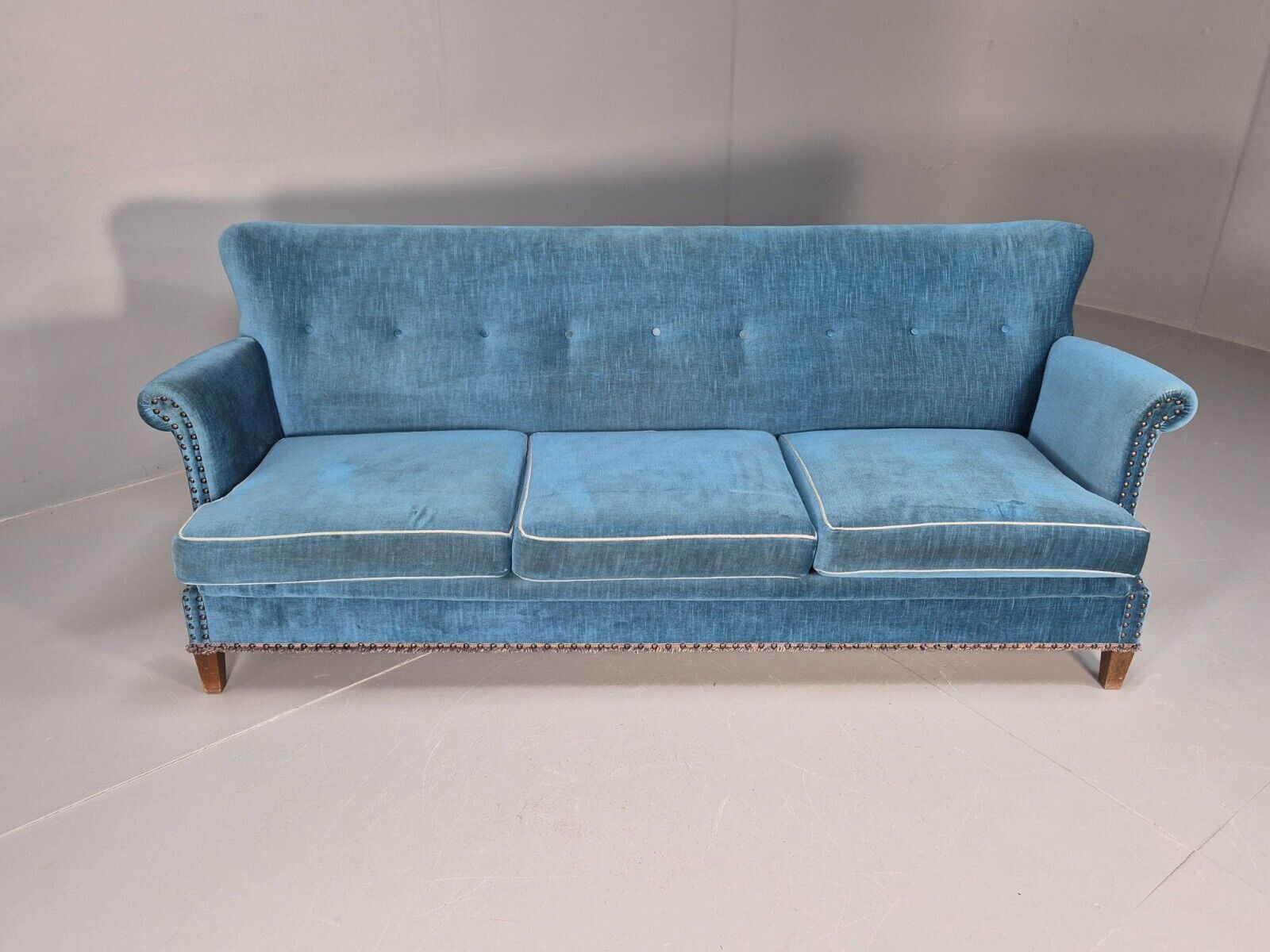 Vintage Danish Mid Century Sofa Bright Blue Velour 1950s Retro MCM EB8934 V3SS - UKDK FURNITURE