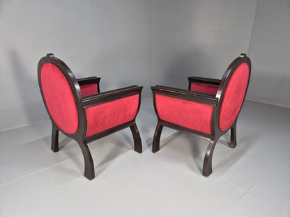 2 Vintage Danish Lounge Chairs Red Velour Mahogany Gondola Style EB8997 VCLO - UKDK FURNITURE