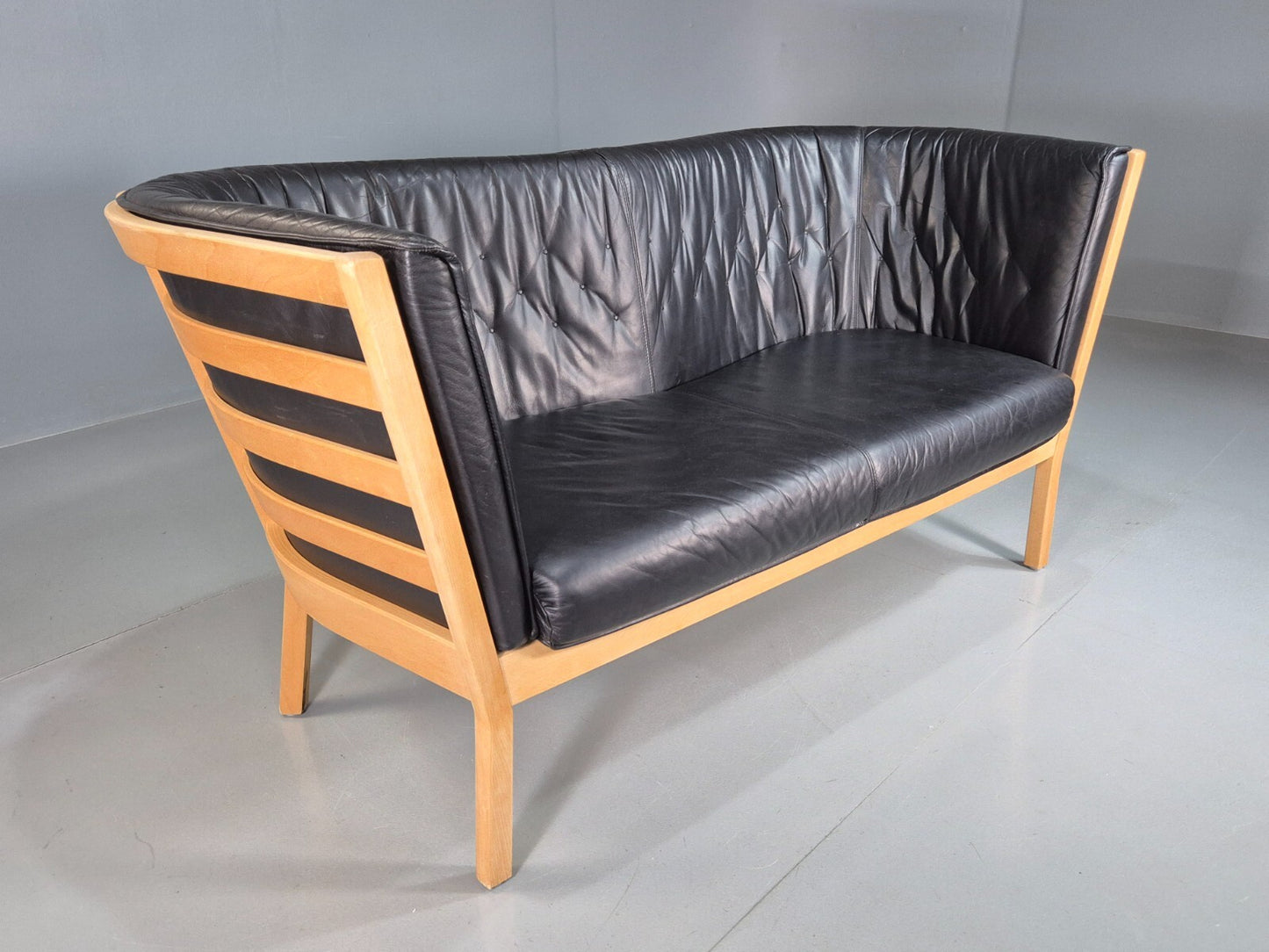 Vintage Danish 2 Seat Sofa Black Leather Beech Stouby Retro MCM EB7447 M2SS - UKDK FURNITURE