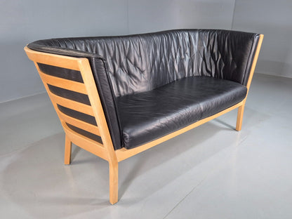 Vintage Danish 2 Seat Sofa Black Leather Beech Stouby Retro MCM EB7447 M2SS - UKDK FURNITURE