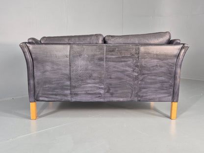 Vintage 2 Seater Sofa Danish Blue Leather Mid Century 1980s Retro EB9069 M2SS14