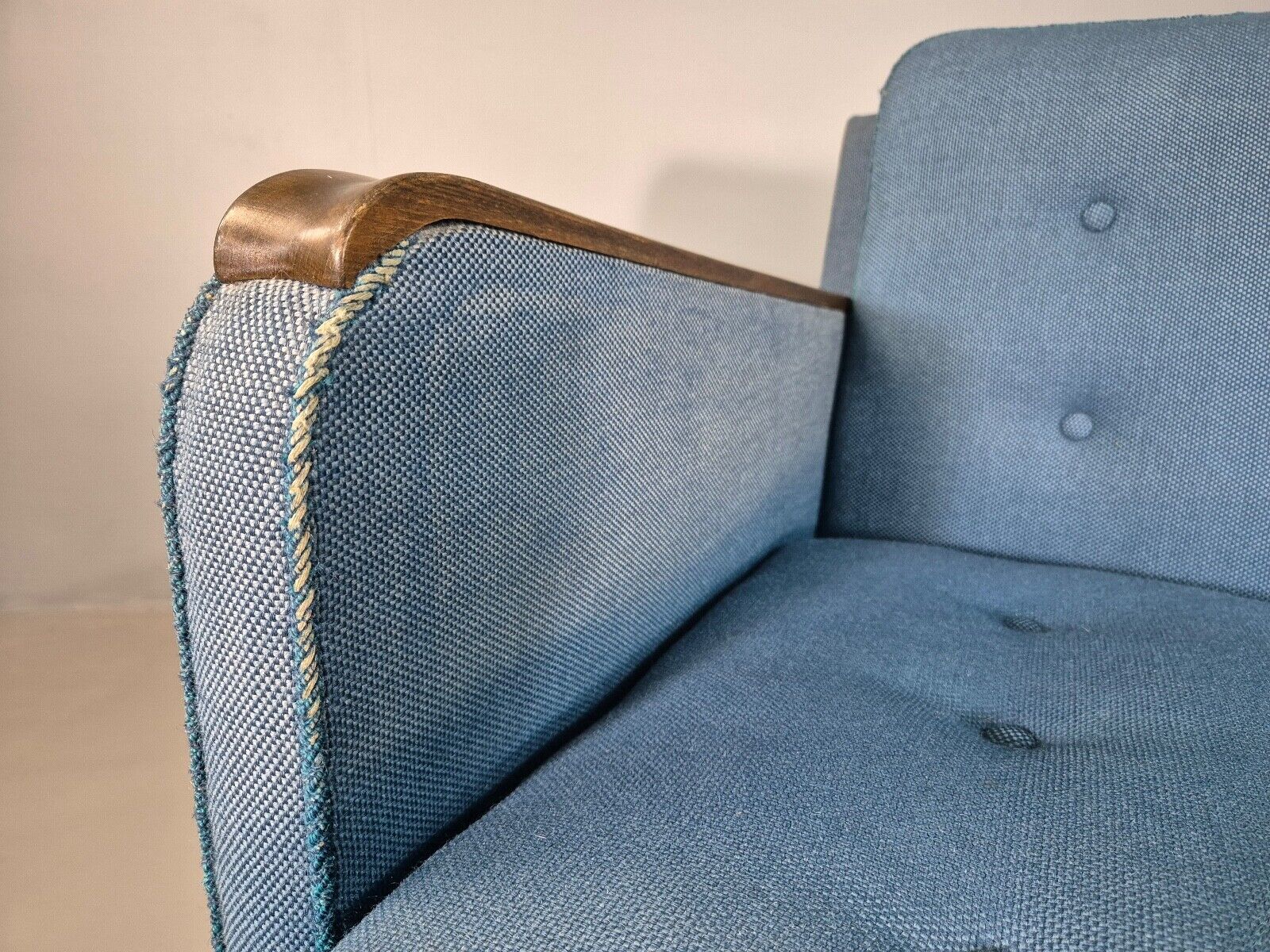 Vintage Danish Sofa Bed Blue Wool Teak Arms 1960s Retro MCM EB7259 M3SS - UKDK FURNITURE