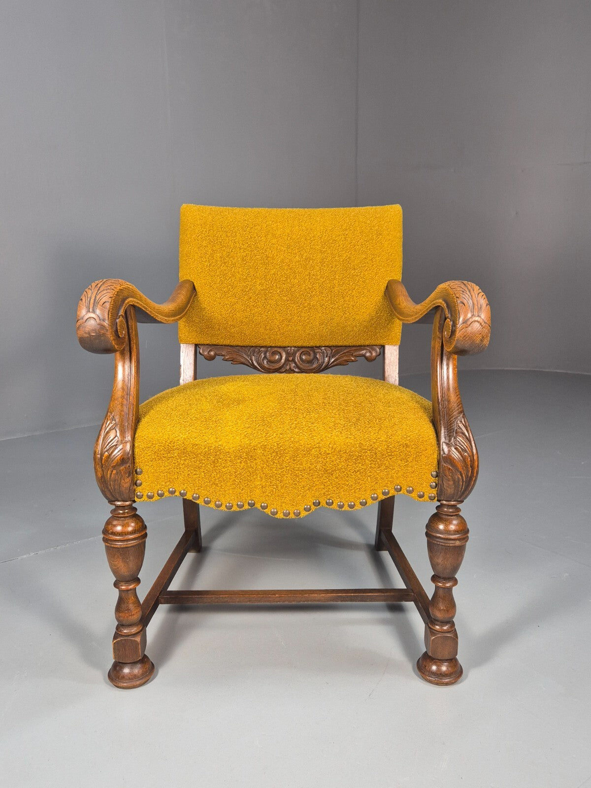 Vintage Danish Elbow Chair Yellow Carved Oak Frame 18th C Style EB9654 VCLO - UKDK FURNITURE
