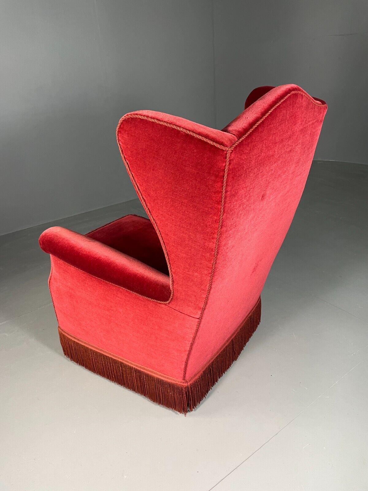 Vintage Danish Wingback Lounge Chair Red Velour Tassels 1940s Retro EB6450 VCLO - UKDK FURNITURE