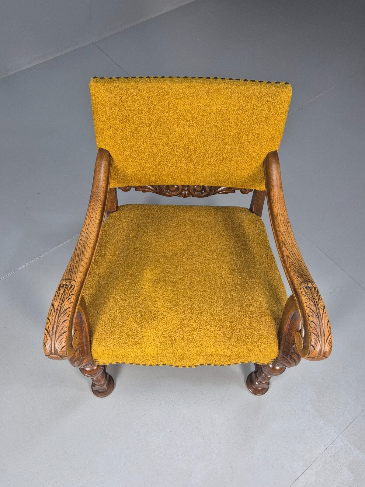 Vintage Danish Elbow Chair Yellow Carved Oak Frame 18th C Style EB9654 VCLO - UKDK FURNITURE