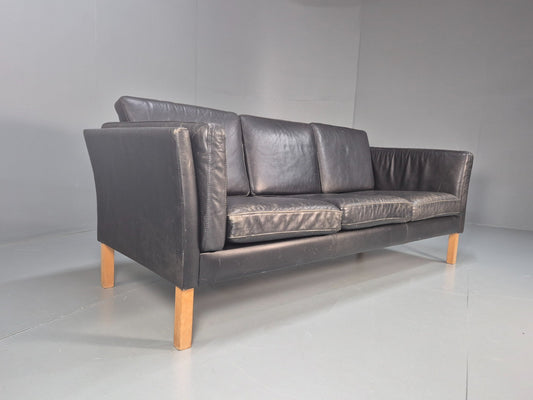 Vintage 3 Seat Sofa Danish Black Leather Mid Century Retro 1980s EB10073 M3SS1
