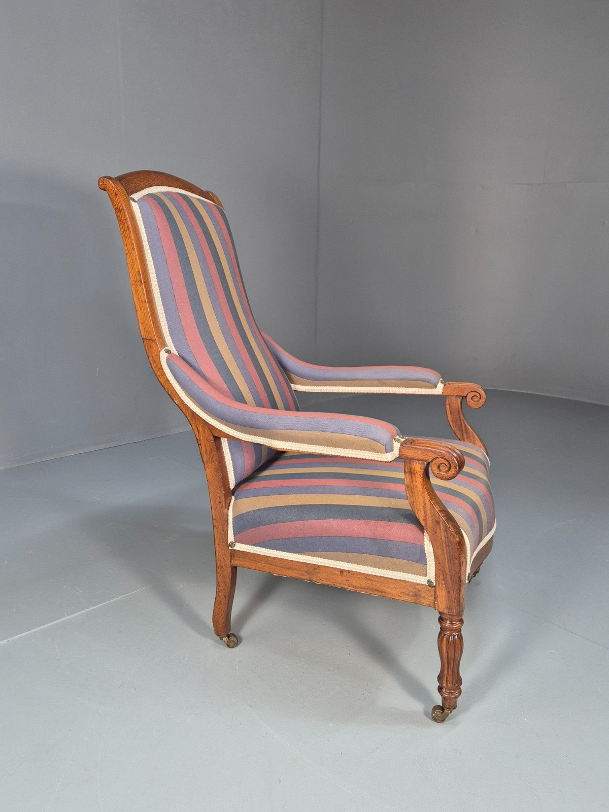 Antique Mahogany Lounge Chair Striped Cotton Upholstery EB10625 VCLO11