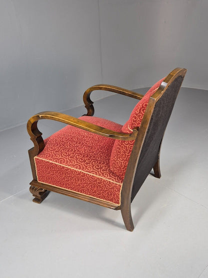 Vintage Danish Lounge Chair Red Moquette Beech Frame 1920s Antique EB8939 VCLO - UKDK FURNITURE
