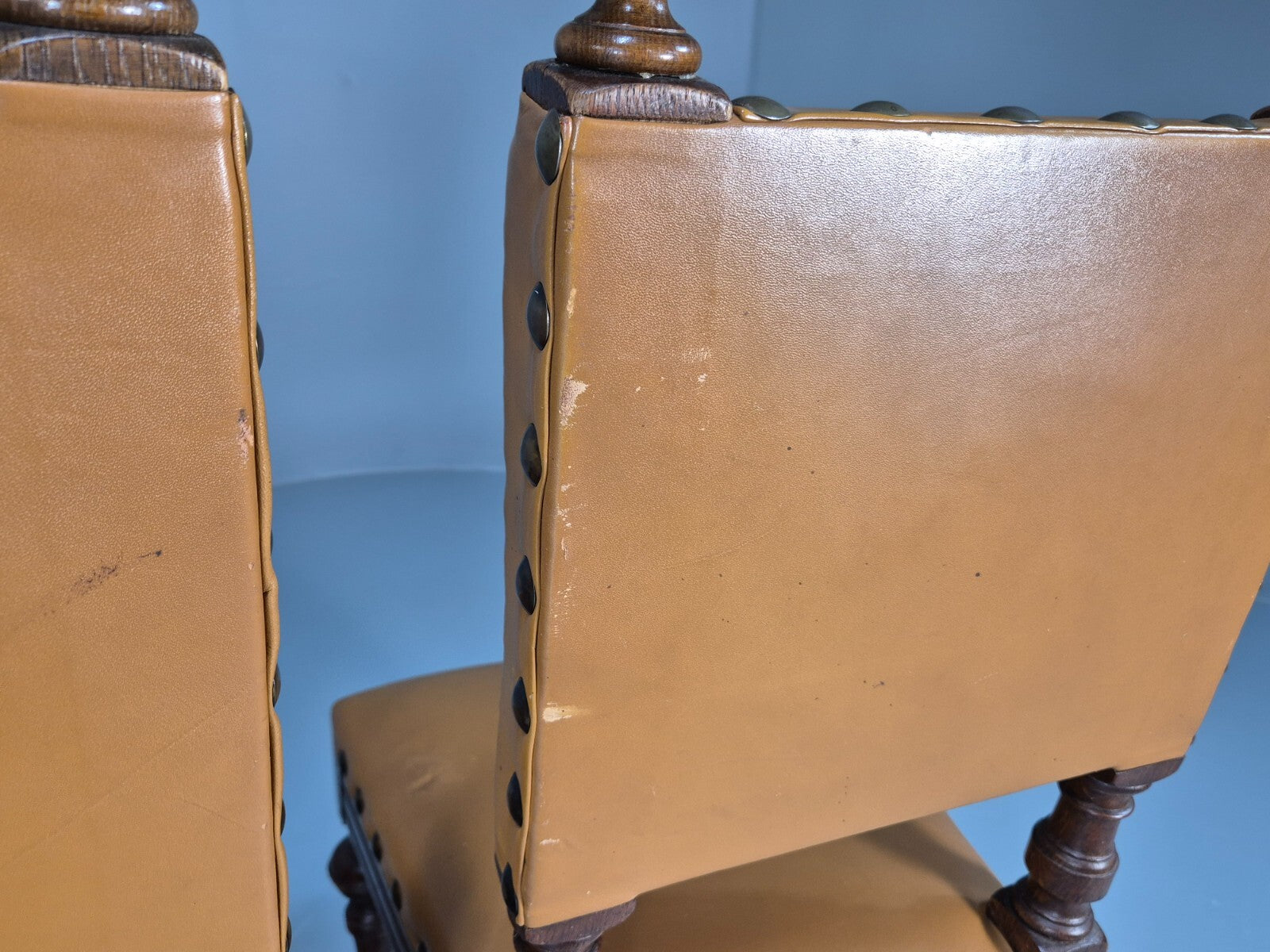 6 Vintage Danish Baroque Style Dining Chairs Tan Leather and Oak 50s EB9747 VDIN - UKDK FURNITURE