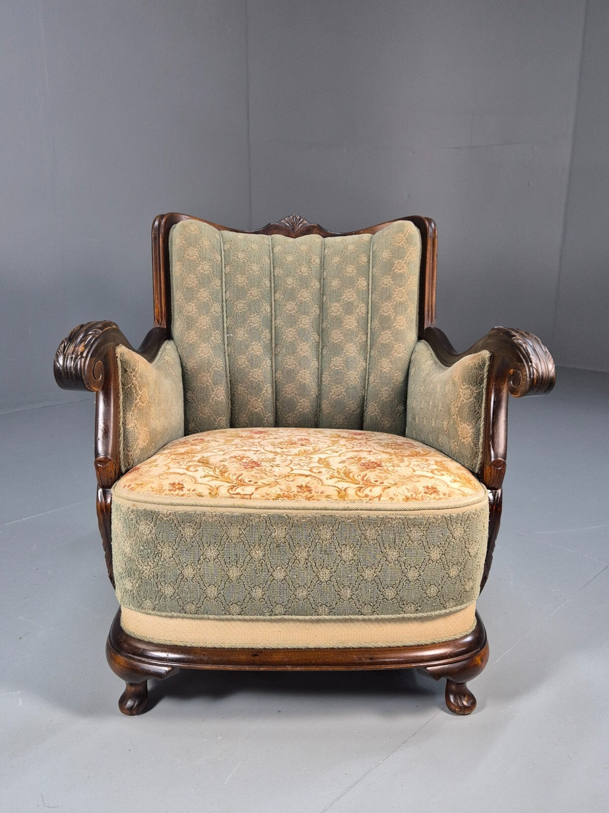 Antique Mahogany Shell Back Cream And Green Armchair Floral Pattern EB9531 VCLO - UKDK FURNITURE